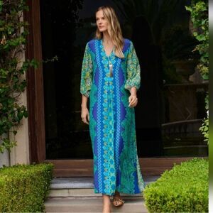 Johnny Was Silk Kahinu Kaftan Maxi Dress Blue Green V Neck Sz  XS